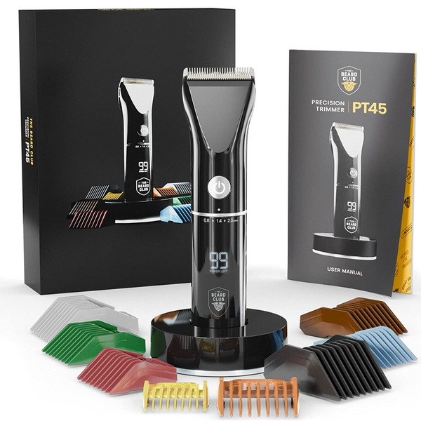 Beard Club PT45 Beard Trimmer - Cordless Rechargeable Beard Trimmer - 7000 RPM - 8 Color Guides, 45 Unique Trim Lengths